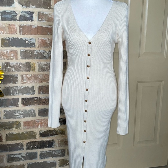 NWT Happily Grey Cream Ribbed Knit Button Accent Front Sweater Maxi Dress Ivory - Picture 1 of 14